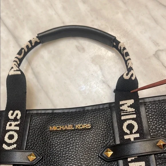 Michael Kors Maeve Black Pebbled Leather Satchel Tote with Logo Straps - Picture 9 of 13